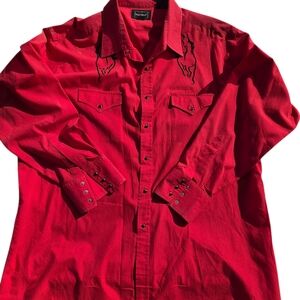 Men's Red Embroidered Casual Button Down Shirt